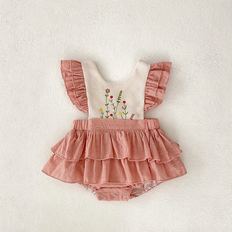 Embroidered Ruffle Sleeveless Bodysuit