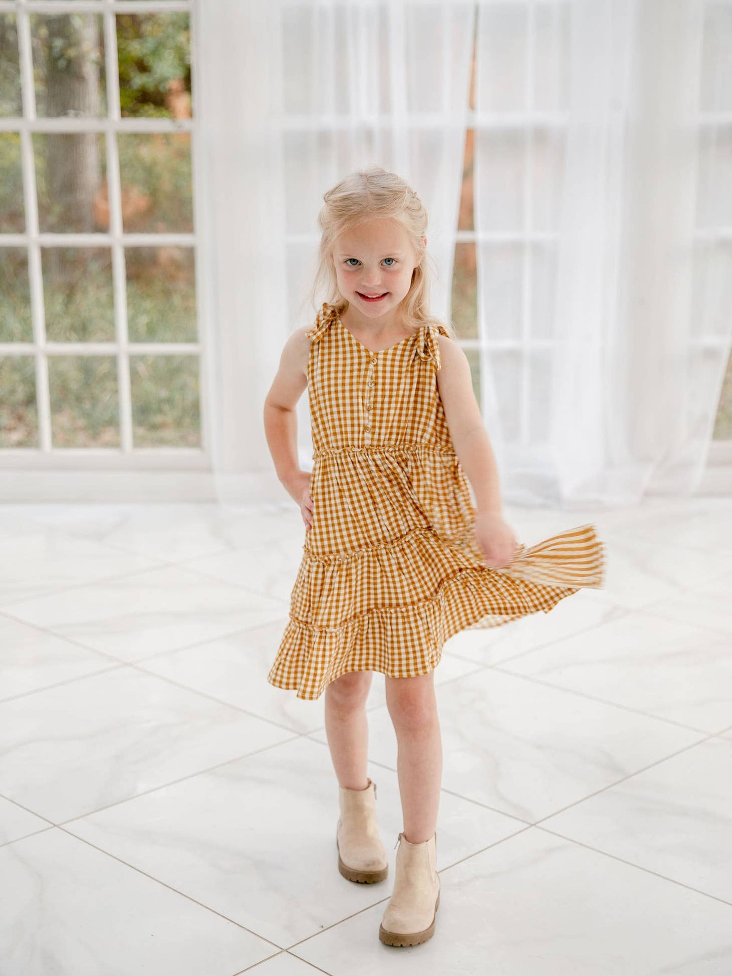 Golden Gingham Tie Dress