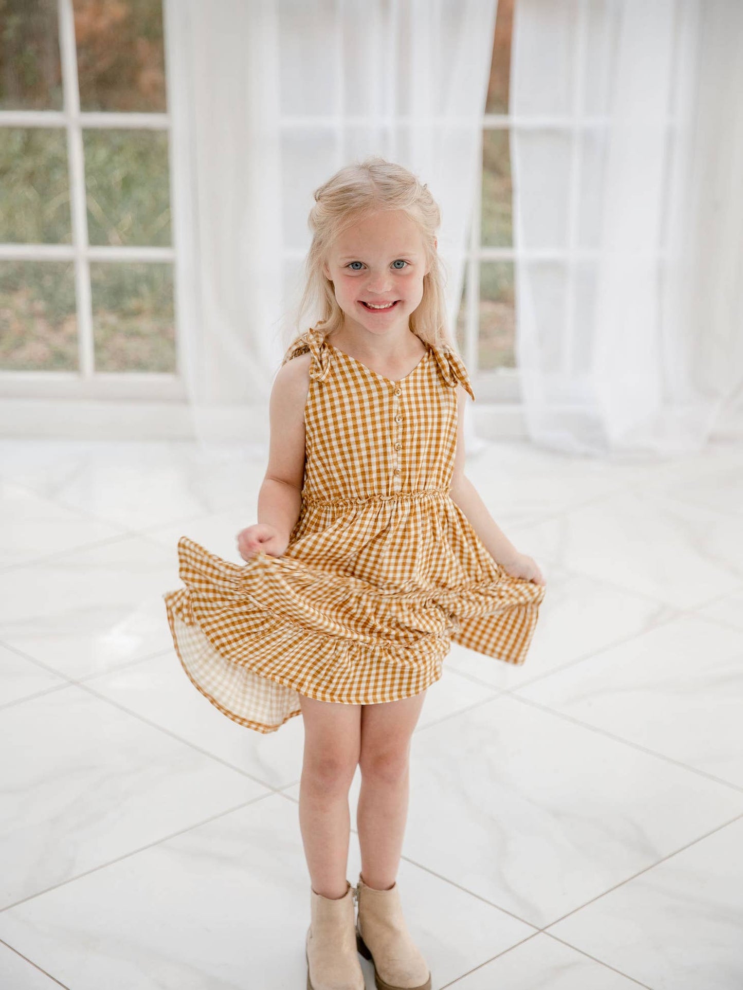 Golden Gingham Tie Dress