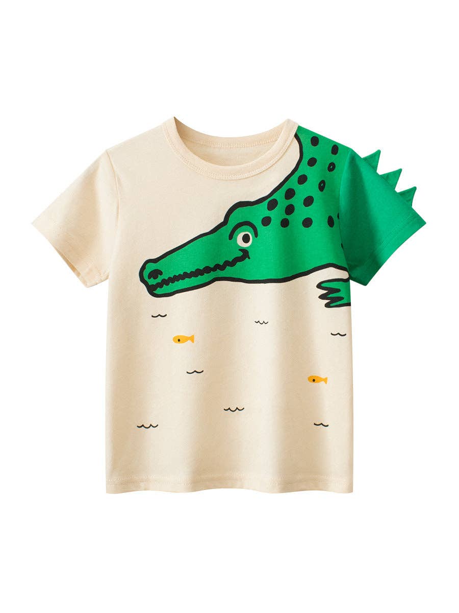 Boys’ Cartoon Alligator Print T-Shirt In European And American Style: Apricot / 100 (2-3Y)