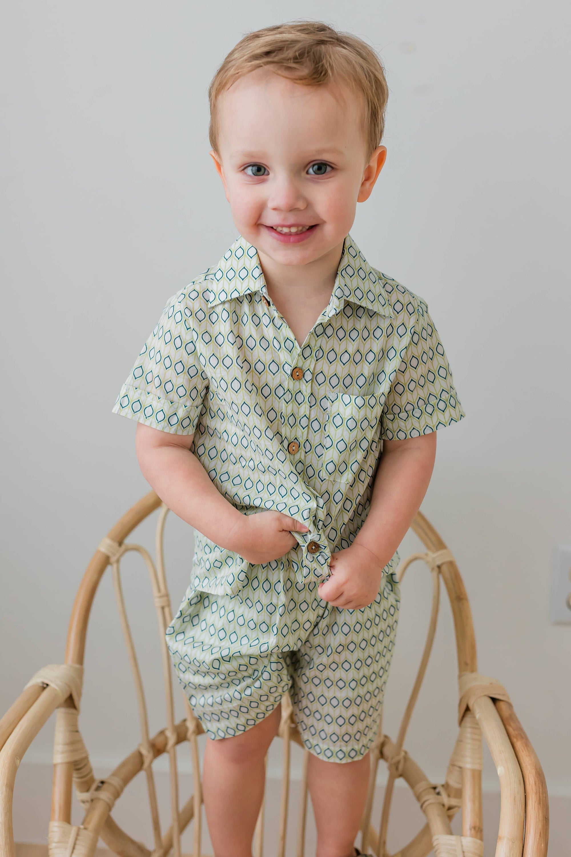 Blue & Sage Geometrical Print Boys Shirt & Shorts set : Infant : Baby : Toddler : Tween : Kids: 4YEAR