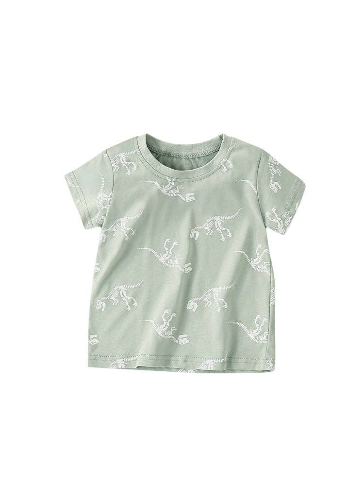 Boys’ Bony Dinosaur Cartoon Pattern Short Sleeves T-Shirt In European And American Style For Summer: Green / 130 (7-8Y)