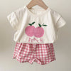 Summer Baby Kids Fruits Pattern Short Sleeves T-shirt and Plaid Shorts Clothing Set: Red / 80 (9-12M)
