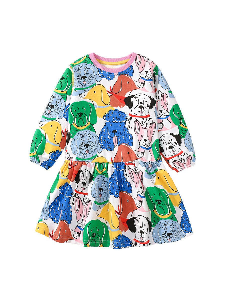 Design Autumn Girls Vivid Colorful Dogs Pattern Dress: Colorful / 100 (2-3Y)
